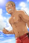  1boy abs bara beach blonde_hair blush clenched_hand dark-skinned_male dark_skin looking_at_viewer male_focus male_swimwear navel navel_hair nipples original pectorals red_male_swimwear short_hair sideburns sky solo stomach suv_(suv032) swim_trunks toned toned_male topless_male wet 