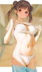  1girl blurry blurry_background blush bra brown_hair clothes_lift clothes_pull double_bun embroidered_bra gin00 hair_bun highres idolmaster idolmaster_shiny_colors lifted_by_self looking_at_viewer navel panties pants pants_pull shirt shirt_lift solo sonoda_chiyoko stomach track_pants twintails underwear white_bra white_panties white_shirt 