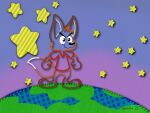  2023 anthro black_nose bottomless brown_body brown_fur canid canine clothed clothing detailed_background fox fur geekfox geekfox_(character) male mammal orange_body orange_fur outline pink_sky purple_sky red_clothing red_shirt red_topwear shirt sky smile solo star topwear white_body white_fur world yarn 