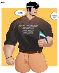  1boy bara beard_stubble black_hair cropped_legs dick_shirt_(meme) flag highres hiro_(tacco) holding holding_flag large_pectorals long_sideburns looking_to_the_side male_focus meme muscular muscular_male mustache_stubble original pectorals pride_month rainbow_flag short_hair sideburns smile solo tacco_(el_tacc0) thick_eyebrows 