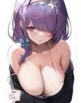  1girl bare_shoulders blush breasts butterfly_hair_ornament cleavage coat_partially_removed collarbone commission cyobiro flower hair_flower hair_ornament hair_over_one_eye hairband huge_breasts looking_at_viewer mole mole_under_eye original purple_eyes purple_hair side_ponytail skeb_commission solo sweat sweatdrop tank_top white_background 
