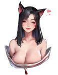  1girl absurdres ahri_(league_of_legends) animal_ears bare_shoulders black_hair blush breasts cleavage closed_eyes closed_mouth collarbone commentary_request cropped_torso facial_mark fox_ears fox_girl heart highres kidmo large_breasts league_of_legends long_hair red_lips simple_background smile solo whisker_markings white_background 