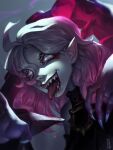  1girl blood blood_from_mouth briar_(league_of_legends) colored_sclera ditahsdoh fingernails grey_eyes grey_hair hair_between_eyes hands_up highres league_of_legends long_hair looking_at_viewer multicolored_hair open_mouth pink_hair pointy_ears red_sclera sharp_fingernails sharp_teeth smile solo teeth tongue two-tone_hair vampire 