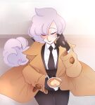  1girl anabel_(pokemon) black_gloves blush coat cup gloves hair_over_one_eye heart highres holding holding_cup necktie one_eye_closed pokemon pokemon_(game) pokemon_sm ponytail purple_eyes purple_hair sitting solo trench_coat vergolophus 