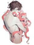  1boy brown_hair covered_eyes cropped_torso fingernails from_side hair_over_eyes hand_up highres male_focus nude numbered object_hug original ribs short_hair shoulder_blades simple_background solo tentacles uhui upper_body wet white_background 
