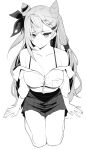  1girl blush bra_strap breasts byeon_dha cleavage cone_hair_bun earrings greyscale hair_bun highres hololive hololive_indonesia jewelry long_hair monochrome off_shoulder partially_undressed pleated_skirt seiza shirt sitting skirt twitter_username vestia_zeta virtual_youtuber 