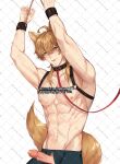  1boy abs animal_ears arms_up blonde_hair blue_pants cat_ears cat_tail closed_mouth collar cuffs cum_on_penis genshin_impact green_eyes hair_between_eyes handcuffs highres long_hair male_focus muscular muscular_male pants penis rourouki tail thoma_(genshin_impact) topless_male yellow_tail 