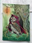  1other bird brooch caitlin_hackett cane cape english_commentary forest furry highres holding holding_cane hood hood_up house jewelry lantern looking_at_viewer mushroom nature original outdoors owl painting_(medium) real_life_insert red_cape roots stained_glass traditional_media tree walking winged_arms wings 