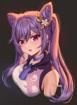  1girl bare_shoulders breasts choker commentary cone_hair_bun genshin_impact hair_bun highres keqing_(genshin_impact) large_breasts long_hair open_mouth pattikou purple_choker purple_eyes purple_hair shirt sleeveless sleeveless_shirt solo twintails upper_body very_long_hair 