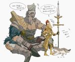  2boys absurdres aged_down angry animal armor black_gloves breastplate dark_souls_(series) dark_souls_i dragon_slayer_ornstein full_armor full_body gauntlets giant gloves gold_armor gold_headwear great_grey_wolf_sif hawkeye_gough helm helmet highres holding holding_polearm holding_weapon knight male_focus multiple_boys musical_note pauldrons plume polearm shoulder_armor shoulder_plates simple_background sitting spear speech_bubble standing translation_request weapon white_background wolf zunkome 
