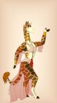  9:16 absurd_res anthro bbear belly_dancer biped border breasts brown_body brown_eyes brown_fur clothed clothing cuff_(restraint) dancing dated deka_(bbear) digital_media_(artwork) fur giraffe giraffid gold_(metal) gold_jewelry harem_outfit herm hi_res hooves horn intersex jewelry long_neck looking_at_viewer mammal multicolored_body multicolored_fur navel neckwear orange_border piercing restraints shaded signature simple_background smile solo spots spotted_body spotted_fur standing tail thick_thighs topwear translucent translucent_clothing wrist_cuffs 