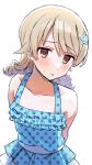  1girl arms_behind_back bare_shoulders blue_one-piece_swimsuit blurry blush brown_eyes brown_hair budoumfmf collarbone dot_nose drill_hair earrings flat_chest frilled_one-piece_swimsuit frills hair_ornament highres idolmaster idolmaster_cinderella_girls idolmaster_cinderella_girls_starlight_stage jewelry light_brown_hair long_hair looking_at_viewer morikubo_nono one-piece_swimsuit parted_lips polka_dot polka_dot_swimsuit ringlets shy simple_background solo standing star_(symbol) star_hair_ornament sweatdrop swimsuit white_background 