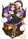  1girl 2022 :3 @_@ absurdres ahoge animal_ears black_dress brown_hair commentary days_in_a_flash_(umamusume) discharge_mochi dress ear_covers ghost hairband halloween highres horse_ears long_sleeves meisho_doto_(dot-o&#039;-lantern)_(umamusume) meisho_doto_(umamusume) multicolored_hair official_alternate_costume orange_headwear pantyhose puffy_sleeves purple_eyes purple_footwear purple_hairband running single_ear_cover solo two-tone_hair umamusume white_hair 