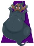  2023 anthro arms_above_head black_body black_sclera bloocherrypie colored digital_media_(artwork) embarrassed generation_6_pokemon hi_res huge_belly looking_at_belly male navel nintendo not_furry obese obese_male overweight overweight_male phantump pink_eyes pokemon pokemon_(species) purple_background shaded simple_background solo thick_thighs white_background 
