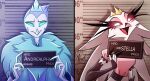  absurd_res akuma_nemui anatid andrealphus_(helluva_boss) anseriform anserinae anthro avian barbie_and_ken_mugshot_meme bird blue_eyes blue_hair brother_(lore) brother_and_sister_(lore) clothing crown dress duo eyelashes female frown fur galliform hair headgear helluva_boss hi_res long_eyelashes long_hair looking_at_viewer male mugshot peafowl phasianid pink_eyes short_hair sibling_(lore) simple_background sister_(lore) smile stella_(helluva_boss) swan white_body white_fur white_hair 