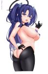  1girl absurdres black_gloves blue_archive blue_eyes blue_hair blush breasts cici_(1021440922) commentary_request covered_nipples fellatio_gesture from_behind gloves hair_between_eyes halo hand_on_own_ass hand_up highres long_hair looking_at_viewer looking_back medium_breasts meme_attire midriff open_mouth pasties purple_eyes purple_hair rabbit_tail reverse_bunnysuit reverse_outfit solo tail thighs tongue tongue_out topless turning_around very_long_hair yuuka_(blue_archive) 