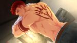  1boy arm_tattoo ass back_tattoo bara belt collaboration couch derek_kingsfield furrowed_brow highres indoors jock_studio_(blits_games) looking_at_viewer male_focus mikkoukun muscular muscular_male nipples non-web_source official_art pants pectorals red_hair shirt solo tattoo undressing variant_set white_shirt zamius 