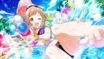  1girl ;d afloat aiming aiming_at_viewer bare_legs barefoot bikini blurry blush bracelet breasts brown_eyes brown_hair depth_of_field feet game_cg hair_ornament hair_scrunchie headphones headphones_around_neck holding holding_water_gun idolmaster idolmaster_shiny_colors jacket jewelry light_brown_hair looking_at_viewer medium_breasts midriff multicolored_clothes multicolored_jacket official_art one_eye_closed open_clothes open_jacket open_mouth ponytail purple_bikini sakuragi_mano scrunchie short_sleeves smile solo splashing swimsuit thighs third-party_source toes water water_gun water_slide wet 