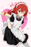  1girl absurdres alternate_costume apron blush bocchi_the_rock! dress enmaided food frilled_apron frilled_dress frills green_eyes heart highres holding holding_plate ketchup kita_ikuyo long_hair looking_at_viewer maid maid_headdress omelet omurice one_eye_closed plate red_hair sene_(nboxdrowing) solo thighhighs wrist_cuffs 