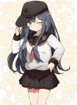  1girl absurdres akatsuki_(kancolle) akatsuki_kai_ni_(kancolle) anchor_symbol black_hair black_headwear black_sailor_collar black_skirt blush flat_cap garrison_cap hair_between_eyes hat highres kanmiya_shinobu kantai_collection long_hair long_sleeves neckerchief pleated_skirt purple_eyes purple_hair red_neckerchief sailor_collar school_uniform serafuku skirt smile solo 