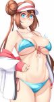  1girl anisdrawn bare_shoulders bikini blue_bikini blue_eyes blush breasts brown_hair collarbone commentary cowboy_shot double_bun hair_between_eyes hair_bun highres large_breasts long_hair looking_at_viewer navel off_shoulder pokemon pokemon_(game) pokemon_bw2 rosa_(pokemon) side-tie_bikini_bottom sidelocks simple_background solo standing stomach swimsuit twintails very_long_hair visor_cap white_background 