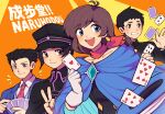  2boys 2girls :d ace_attorney antenna_hair black_cape black_eyes black_hair black_jacket black_shirt blue_cape blue_eyes blue_jacket blush brooch brown_hair buttons cape card clenched_hand clenched_teeth closed_mouth collared_cape collared_jacket collared_shirt diamond_button diamond_earrings earrings family gakuran gakuseibou gem gloves green_gemstone grey_eyes hand_up hat highres holding holding_card jacket jewelry lapels long_sleeves multiple_boys multiple_girls necktie open_mouth orange_background phoenix_wright pink_necktie red_scarf ryunosuke_naruhodo ryutaro_naruhodo scarf school_uniform shirt short_hair smile spiked_hair suit_jacket susato_mikotoba sweat swept_bangs teeth trucy_wright upper_body upper_teeth_only v white_gloves white_shirt yezhi_(48693232) 