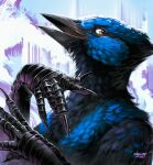  2023 5_fingers absurd_res anthro avian beak biped bird black_beak blue_body blue_feathers claws colored feathers finbeard fingers hi_res male nose_beak open_mouth scuted_arms scutes signature smile solo yellow_eyes 