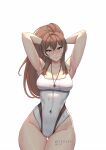  1girl absurdres ahoge armpits blush breasts brown_eyes brown_hair cameltoe highres hololive hololive_english large_breasts long_hair looking_at_viewer myth1carts nanashi_mumei one-piece_swimsuit ponytail smile solo swimsuit virtual_youtuber white_one-piece_swimsuit 