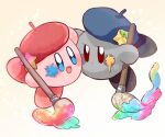  :d artist_kirby beret blue_eyes blue_headwear blush blush_stickers closed_mouth commentary_request copy_ability gradient_background guarani_(muku_6930) hat hat_ornament holding holding_paintbrush jitome kirby kirby_(series) looking_at_viewer no_humans open_mouth paint paint_splatter paint_splatter_on_face paintbrush red_eyes red_headwear shadow_kirby simple_background smile sparkle star_(symbol) white_background yellow_background 