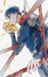  1boy armor ayu137700 blue_bodysuit blue_hair bodysuit cu_chulainn_(fate) cu_chulainn_(fate/stay_night) dutch_angle earrings fate/stay_night fate_(series) flower gae_bolg_(fate) hair_over_shoulder hair_tubes highres holding holding_flower holding_polearm holding_weapon jewelry long_hair low_ponytail male_focus petals polearm red_ribbon ribbon shoulder_armor solo sunflower weapon yellow_flower 