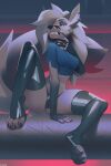  2023 anthro canid canid_demon clothed clothing collar demon ear_piercing female fur grey_body grey_fur hellhound helluva_boss loona_(helluva_boss) mammal miles_df multicolored_body multicolored_fur panties piercing solo spiked_collar spikes teeth underwear white_body white_fur 