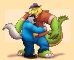  2023 alligator alligatorid anthro black_nose blush bottomwear brok_(character) brok_the_investigator canid canine canis clothing crocodilian duo embrace eyes_closed fan_character green_body grey_body hi_res hug male mammal mezasalvador pants reptile scalie shirt simple_background topwear wolf 