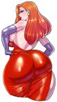  1girl absurdres ass ass_focus backboob backless_dress backless_outfit bare_shoulders blush breasts curvy dress earrings elbow_gloves eyeshadow gloves green_eyes highres huge_ass jessica_rabbit jewelry large_breasts lips lipstick long_hair looking_at_viewer makeup red_dress red_hair red_lips redrawn shiny_clothes skin_tight solo strapless synecdoche thick_thighs thighs who_framed_roger_rabbit 