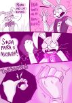  anthro bow_accessory buckteeth clothing comic duo female five_nights_at_freddy&#039;s glitchtrap hi_res lagomorph leporid male mammal ovum purple_background rabbit renita_reed scottgames simple_background spanish_text star sweater teeth text topwear uterus vanny_(fnaf) whiskers 