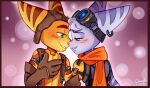  &lt;3 almost_kissing blue_eyes blush clothed clothing danielasdoodles duo ear_piercing ear_ring eyewear eyewear_on_head female fur gloves goggles goggles_on_head green_eyes hand_holding handwear lips lombax love male mammal piercing pink_nose ratchet ratchet_and_clank ring_piercing rivet_(ratchet_and_clank) robotic_arm romantic romantic_ambiance romantic_couple scarf ship smile smiling_at_partner sony_corporation sony_interactive_entertainment vehicle watercraft white_body white_fur yellow_body yellow_fur 