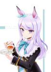  1girl animal_ears as&#039;maria black_coat bow bowtie closed_mouth coat cup ear_bow holding holding_cup holding_saucer horse_ears long_sleeves looking_at_viewer mejiro_mcqueen_(umamusume) purple_eyes purple_hair saucer smile solo tea teacup umamusume upper_body 