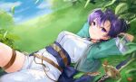  1girl absurdres arms_behind_head blue_sky commission dress fir_(fire_emblem) fire_emblem fire_emblem:_the_binding_blade fire_emblem_heroes green_jacket hair_between_eyes haru_(nakajou-28) highres jacket looking_at_viewer official_alternate_costume on_grass open_clothes open_jacket purple_eyes purple_hair second-party_source sky smile solo sword weapon 