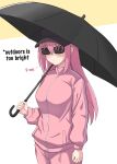  1girl absurdres baseball_cap black_headwear black_umbrella bocchi_the_rock! breasts english_commentary english_text gotoh_hitori hat highres holding holding_umbrella kurofuro large_breasts long_hair pants pink_eyes pink_pants pink_track_suit simple_background solo standing sunglasses two-tone_background umbrella upper_body white_background yellow_background 