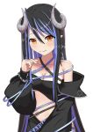  1girl bandeau belt black_bandeau black_belt black_hair black_jacket black_skirt blaujp blue_belt blue_hair blush breasts brown_eyes chest_belt cleavage closed_mouth collarbone commentary curled_horns demon_girl demon_horns grey_horns hair_between_eyes hebiyoi_tier highres horns jacket long_hair long_sleeves looking_at_viewer medium_breasts multicolored_hair nanashi_inc. off_shoulder open_clothes open_jacket pointy_ears sidelocks simple_background skirt smile solo split_mouth two-tone_hair upper_body virtual_youtuber white_background 