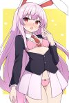  1girl adapted_costume animal_ears black_jacket blazer blush bra breasts cowboy_shot hair_between_eyes highres jacket long_hair long_sleeves open_mouth panties pink_bra pink_panties pink_skirt pleated_skirt purple_hair rabbit_ears red_eyes reisen_udongein_inaba revealing_clothes rizento skirt small_breasts solo touhou underwear 