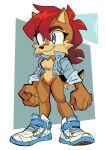  archie_comics blue_eyes cheek_tuft chest_tuft chipmunk clothing eyebrows facial_tuft female footwear ground_squirrel hair hi_res mammal pantsless percivore red_hair rodent rolled_up_sleeves sally_acorn sciurid scut_tail sega shoes short_tail smile sneakers solo sonic_the_hedgehog_(archie) sonic_the_hedgehog_(comics) sonic_the_hedgehog_(series) tail thick_eyebrows tuft 