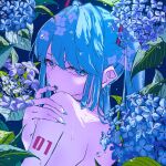  1girl aqua_eyes aqua_hair aqua_nails aqua_theme bare_back blue_theme blunt_bangs crying crying_with_eyes_open eyelashes floral_print flower from_behind half-closed_eyes hand_on_own_shoulder hatsune_miku hydrangea long_hair looking_at_viewer looking_back meso_potamia nude number_tattoo pale_skin shoulder_blades shoulder_tattoo solo streaming_tears tattoo tears topless turning_head twintails upper_body vocaloid water_drop wet wet_hair 