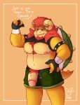  anthro beard bowser breasts clothed clothing digital_media_(artwork) english_text facial_hair genitals hair hi_res horn humanoid_genitalia humanoid_penis jewelry koopa looking_at_viewer male mammal mario_bros mature_anthro mature_male muscular muscular_anthro muscular_male nintendo nipple_piercing nipples pecs penis piercing red_hair scalie simple_background sleepywozzy smile solo spikes text topwear 