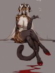  2023 anklet anthro bell bell_collar big_breasts biped black_body black_fur breasts cigarette_holder cloven_hooves collar crossed_legs demon digital_media_(artwork) facial_piercing felid female fur grey_background hair hervy hi_res honovy hooves horn jewelry long_hair mammal multicolored_body multicolored_fur nipple_piercing nipple_ring nipples nose_piercing nose_ring orange_body orange_fur pantherine piercing ring_piercing simple_background sitting smoking solo striped_body striped_fur stripes tiger white_body white_fur white_hair 