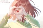  1other ake_blood androgynous anniversary artist_name blurry blurry_background bob_cut brown_hair chara_(undertale) close-up commentary copyright_name depth_of_field floating_hair frisk_(undertale) gradient_background green_sweater grin hair_over_one_eye hand_to_own_face hands_up heart heart_hands heart_hands_over_eye highres light_particles long_sleeves messy_hair parted_lips portrait red_eyes short_hair signature smile sweater twitter_username undertale white_background wind 