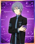  1boy aqua_eyes armband closed_mouth fingernails glowing glowing_eyes grey_hair hair_between_eyes hand_on_own_arm idolmaster idolmaster_side-m idolmaster_side-m_growing_stars male_focus official_art sakaki_natsuki school_uniform solo 