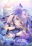  1girl animal bare_shoulders barefoot blue_eyes blue_flower bug butterfly closed_mouth commentary_request dress flower hair_flower hair_ornament highres jewelry kouyafu legs_up long_hair looking_at_viewer lying on_stomach original partially_submerged purple_flower purple_hair ring ripples shallow_water sleeveless sleeveless_dress smile solo twintails very_long_hair water white_dress wrist_cuffs 