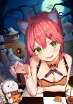  1girl absurdres ahoge animal_ear_fluff animal_ears bare_shoulders breasts candy cat_ears cleavage fang food green_eyes hair_ornament halloween highres hololive lying moon on_stomach pink_hair sakura_miko shiotsuke_sasami virtual_youtuber 