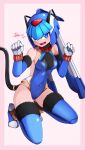  1girl absurdres android animal_ears artist_name bare_shoulders blue_eyes blush boots breasts cat_ears cat_girl cat_tail collar full_body fur-trimmed_gloves fur-trimmed_legwear fur_trim gloves helmet highleg highleg_leotard highres kneeling leotard leviathan_(mega_man) looking_at_viewer mega_man_(series) mega_man_x_(series) mega_man_x_dive mega_man_zero_(series) nanayaryuoo on_one_knee open_mouth paw_pose pink_background robot robot_girl signature simple_background solo tail thigh_boots thighhighs white_gloves wristband 