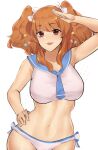  :3 abs absurdres alternate_hairstyle breasts commission deccatezu hand_on_own_hip highres idolmaster idolmaster_cinderella_girls long_hair moroboshi_kirari navel orange_eyes orange_hair sailor_bikini sailor_collar sailor_swimsuit_(idolmaster) star_(symbol) stomach 